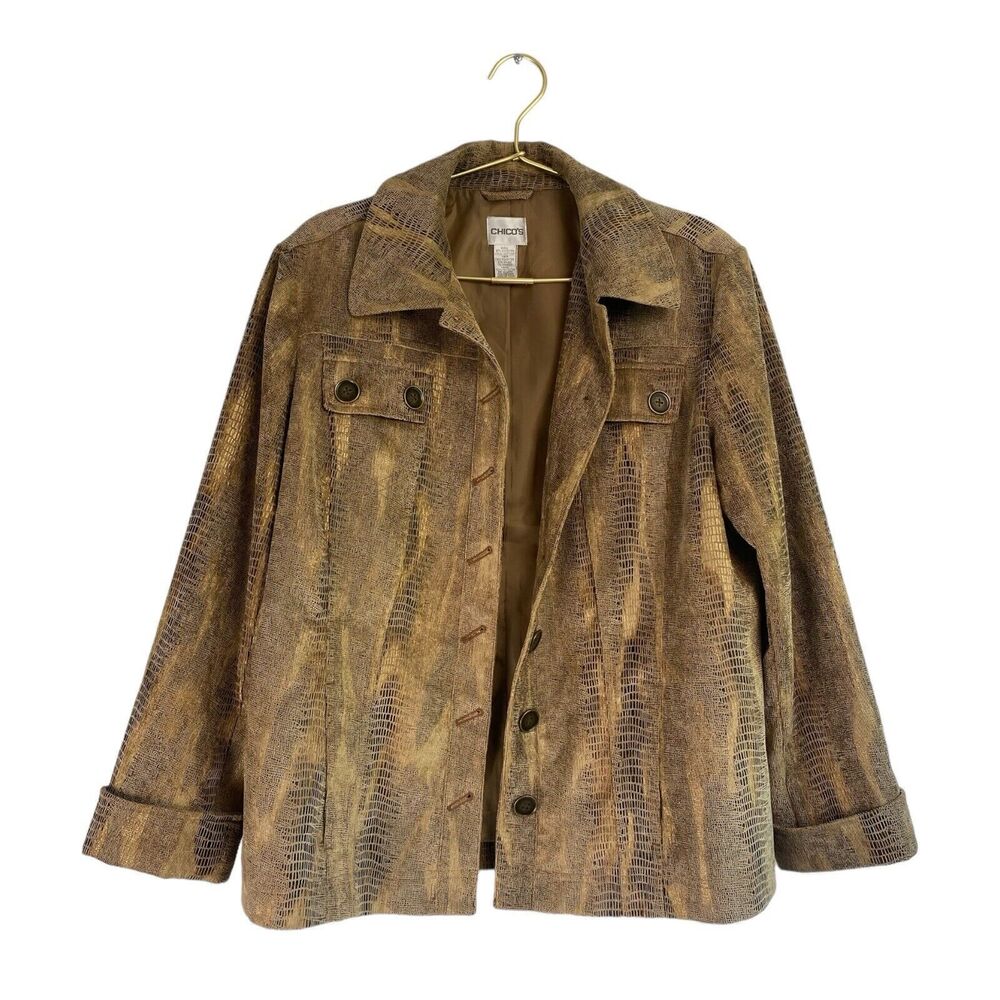 Chico's Jacket Size 2 Faux Suede Animal Print Button Front Lined 546